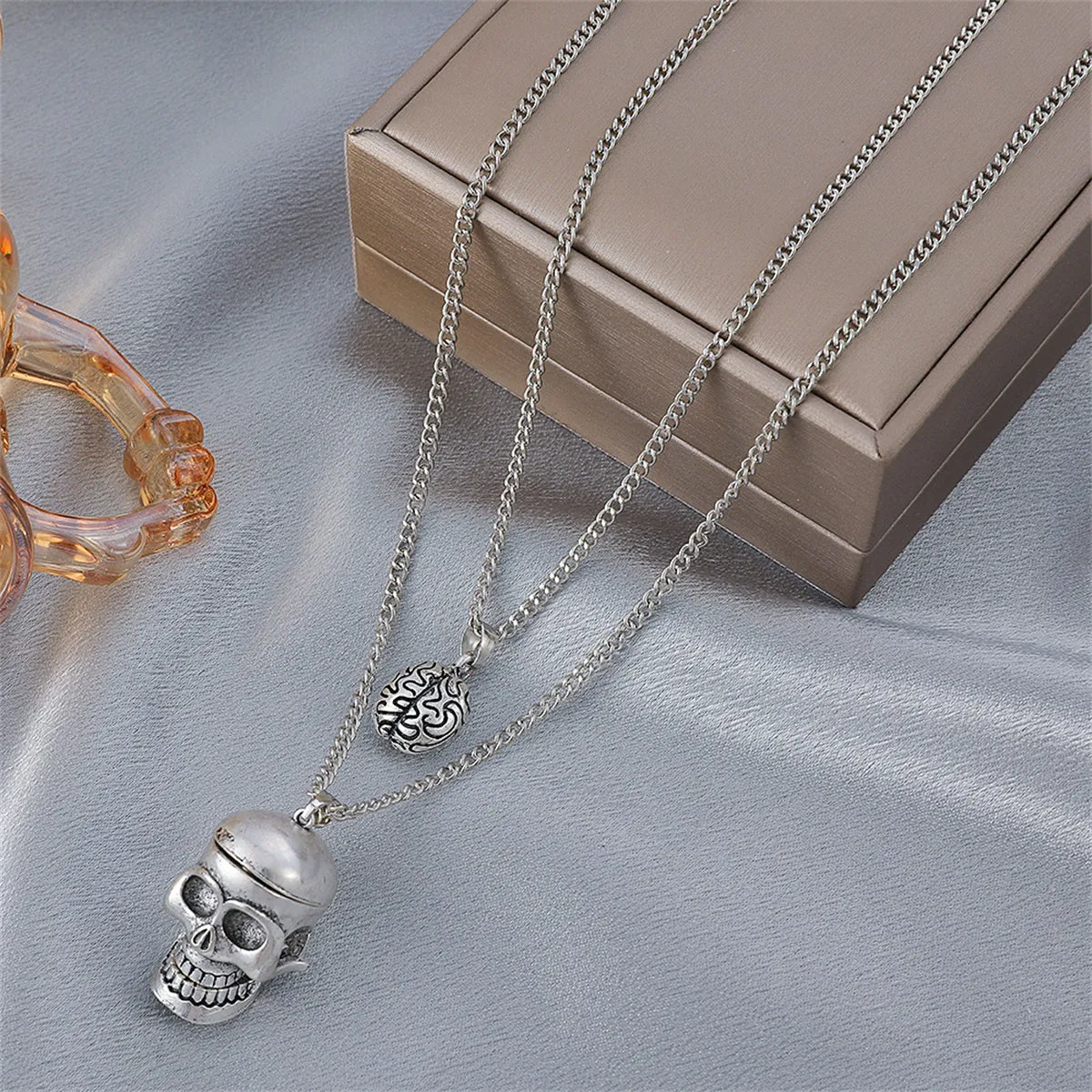 Silver-Plated Skull Pendant Layered Necklace