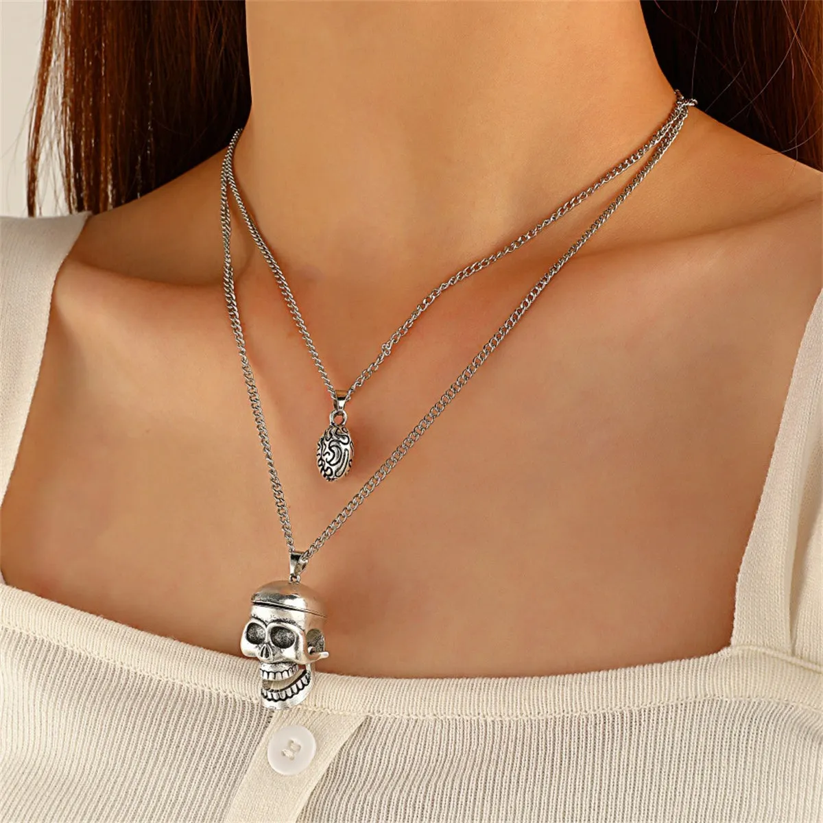Silver-Plated Skull Pendant Layered Necklace