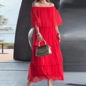 Slash Neck Off Shoulder Pleated Long Dress Spring Summer Elegant Ruffle Plus Size Party Dress Butterfly Sleeve Maxi Dress