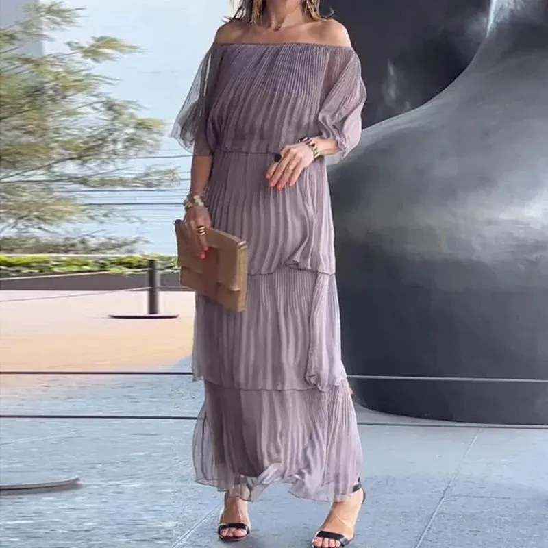 Slash Neck Off Shoulder Pleated Long Dress Spring Summer Elegant Ruffle Plus Size Party Dress Butterfly Sleeve Maxi Dress