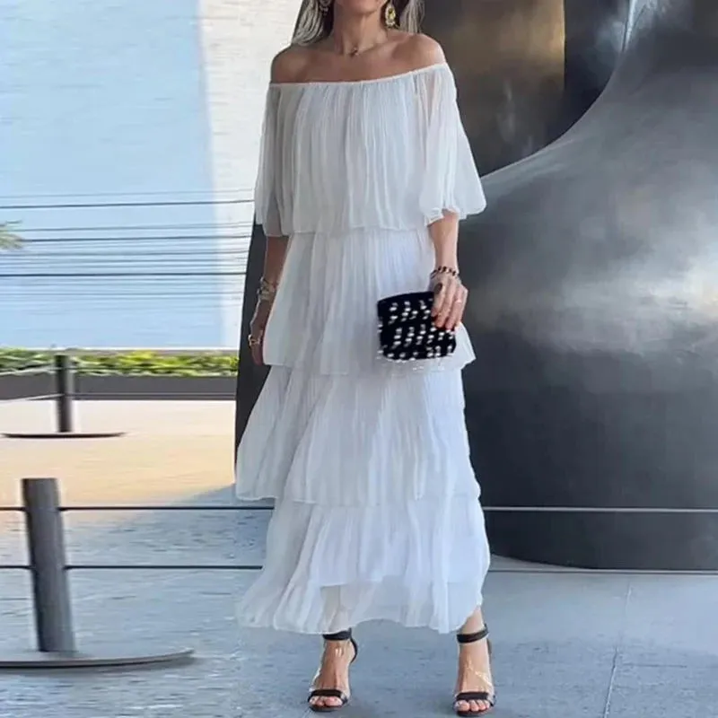 Slash Neck Off Shoulder Pleated Long Dress Spring Summer Elegant Ruffle Plus Size Party Dress Butterfly Sleeve Maxi Dress
