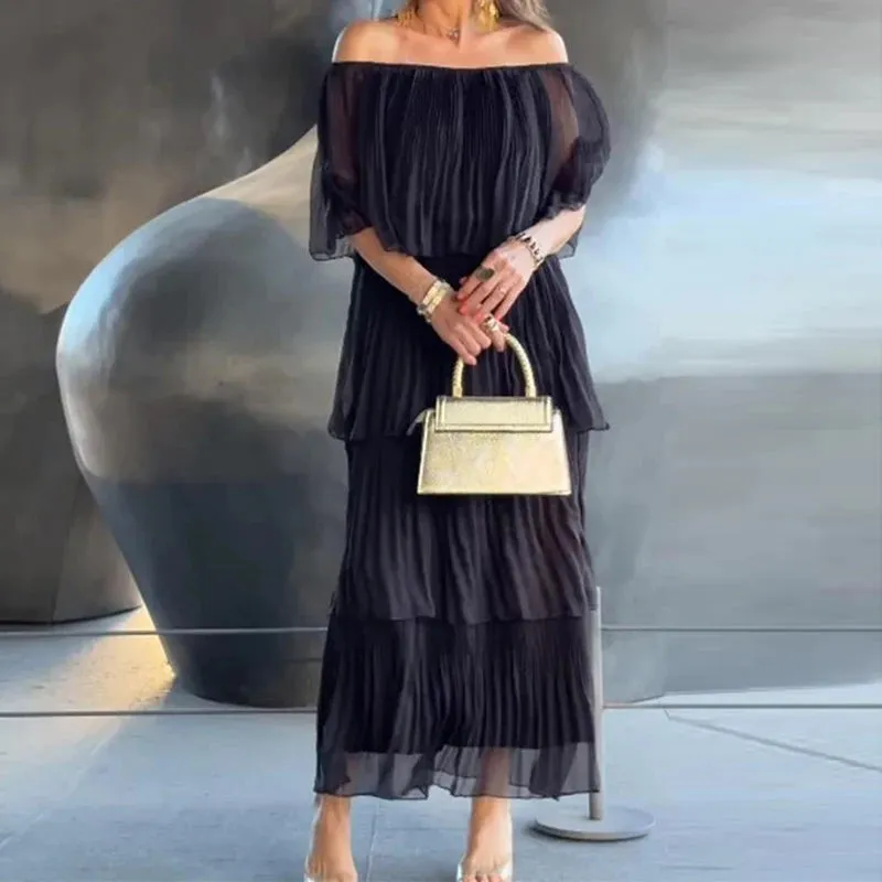 Slash Neck Off Shoulder Pleated Long Dress Spring Summer Elegant Ruffle Plus Size Party Dress Butterfly Sleeve Maxi Dress