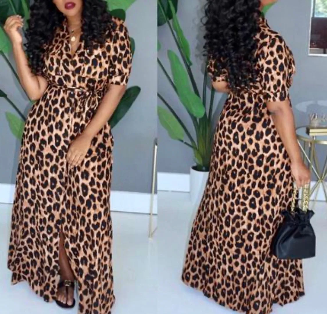Small Left ‼️Leopard Long Maxi Button Up Dress with Belt‼️