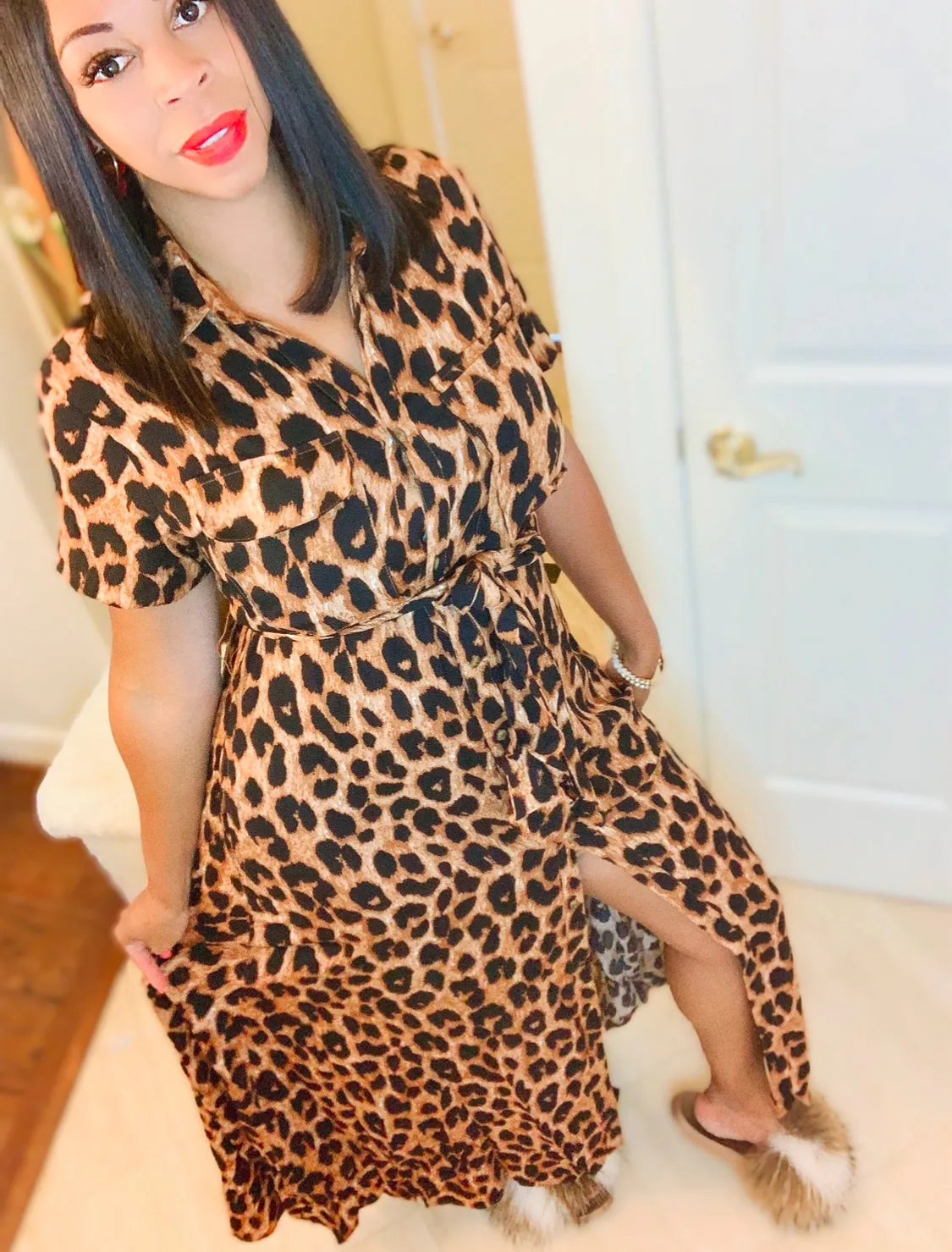 Small Left ‼️Leopard Long Maxi Button Up Dress with Belt‼️