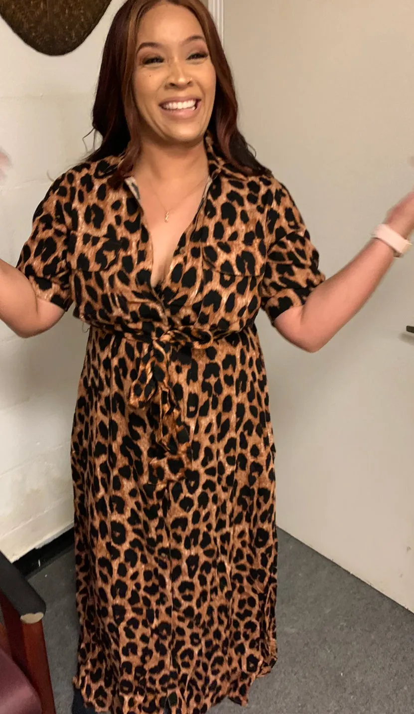 Small Left ‼️Leopard Long Maxi Button Up Dress with Belt‼️