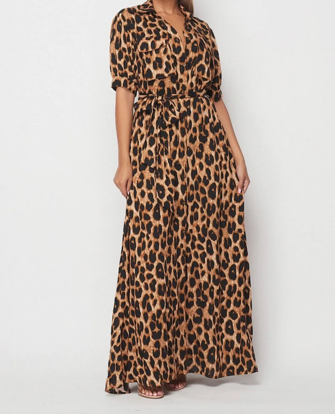 Small Left ‼️Leopard Long Maxi Button Up Dress with Belt‼️
