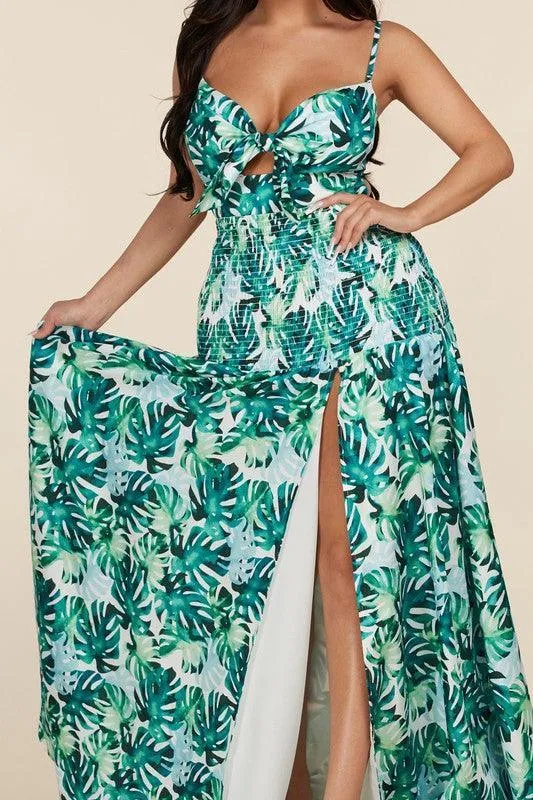 SMOCKED MAXI DRESS GREEN LEAF PRINT