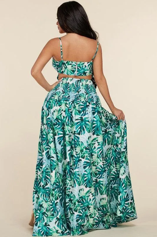 SMOCKED MAXI DRESS GREEN LEAF PRINT