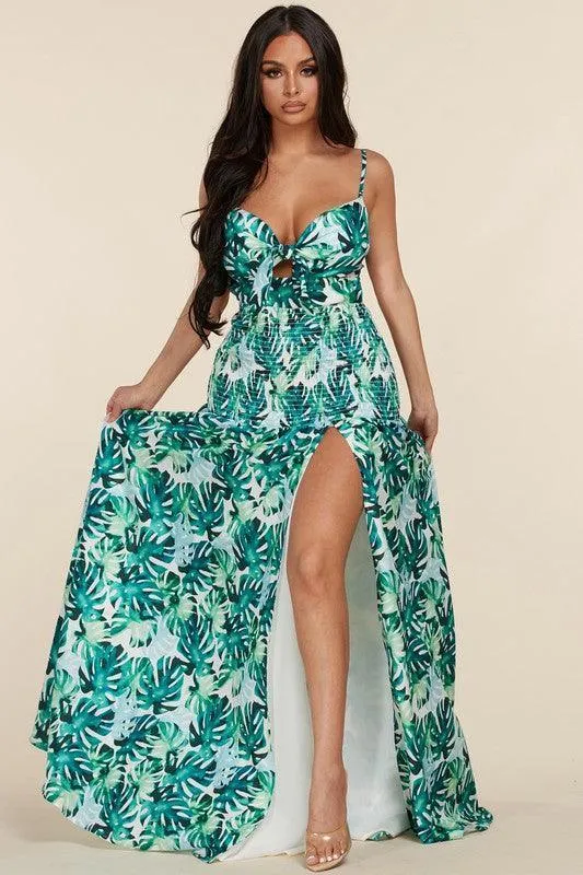 SMOCKED MAXI DRESS GREEN LEAF PRINT
