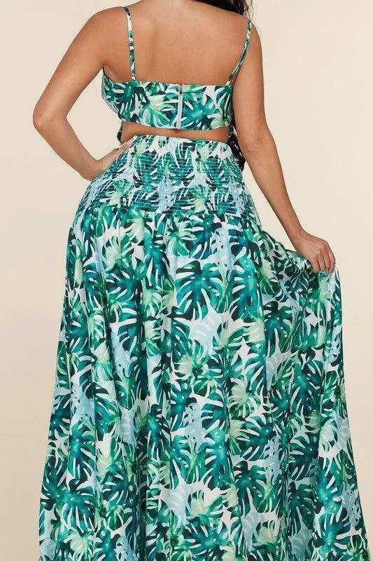 SMOCKED MAXI DRESS GREEN LEAF PRINT