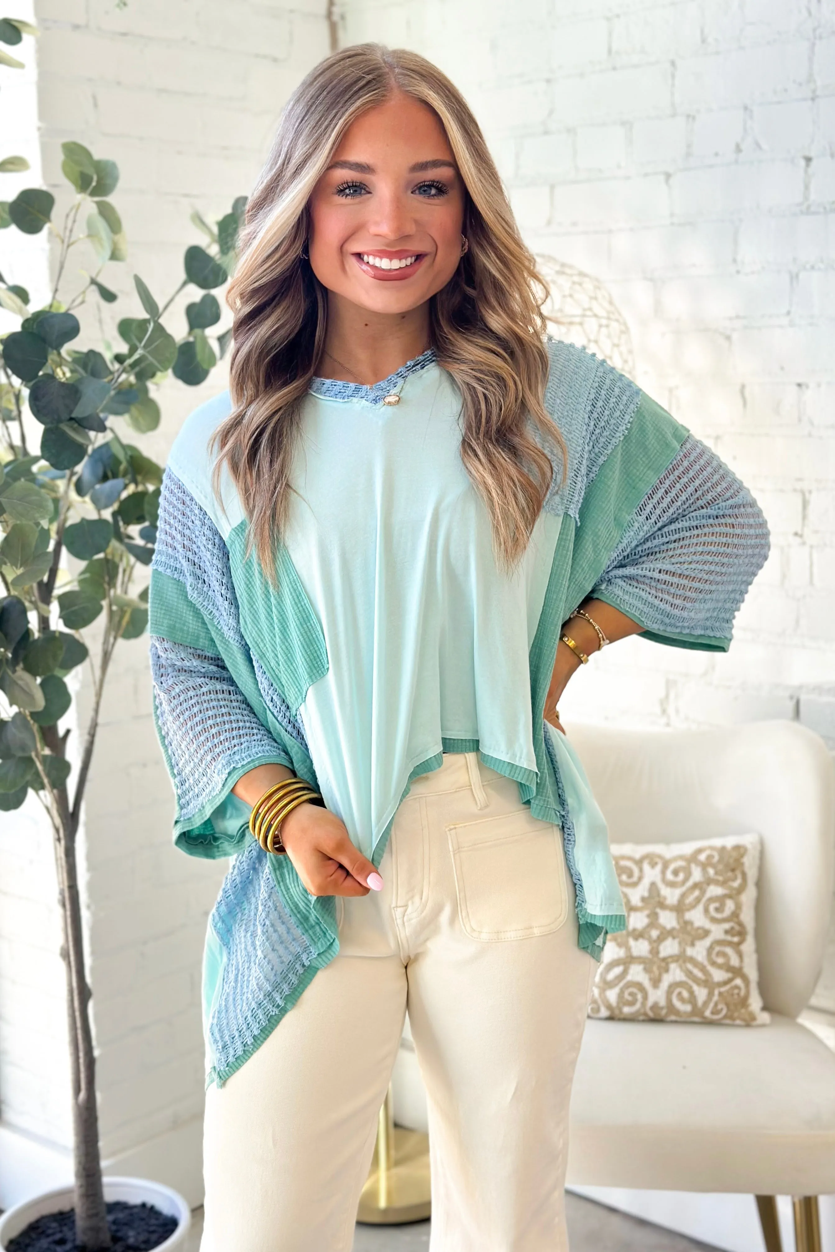 Soda Candy Knit Detail Short Sleeve Top