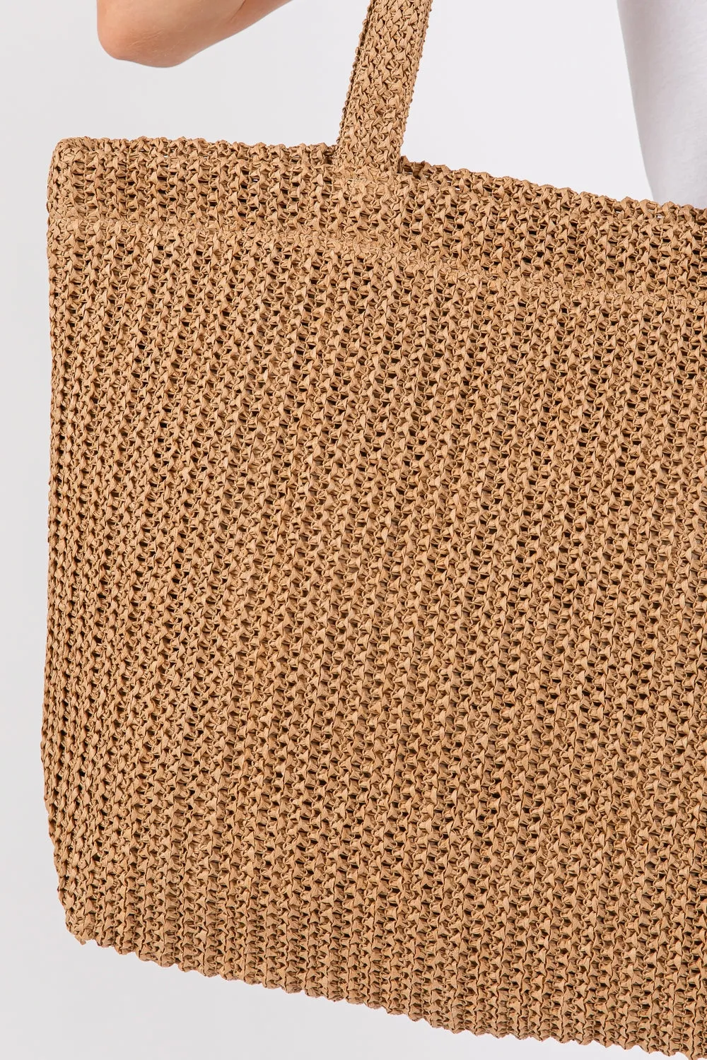 Solid Crochet Straw Bag Zipper Closure and Inner Pocket Taupe - Pack of 6