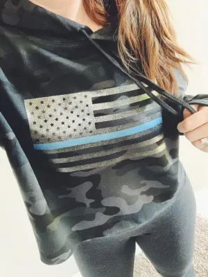 Standard Flag TBL © Ladies Cropped Hooded Sweatshirt (Black Camo   Black Glitter/Blue Shimmer)