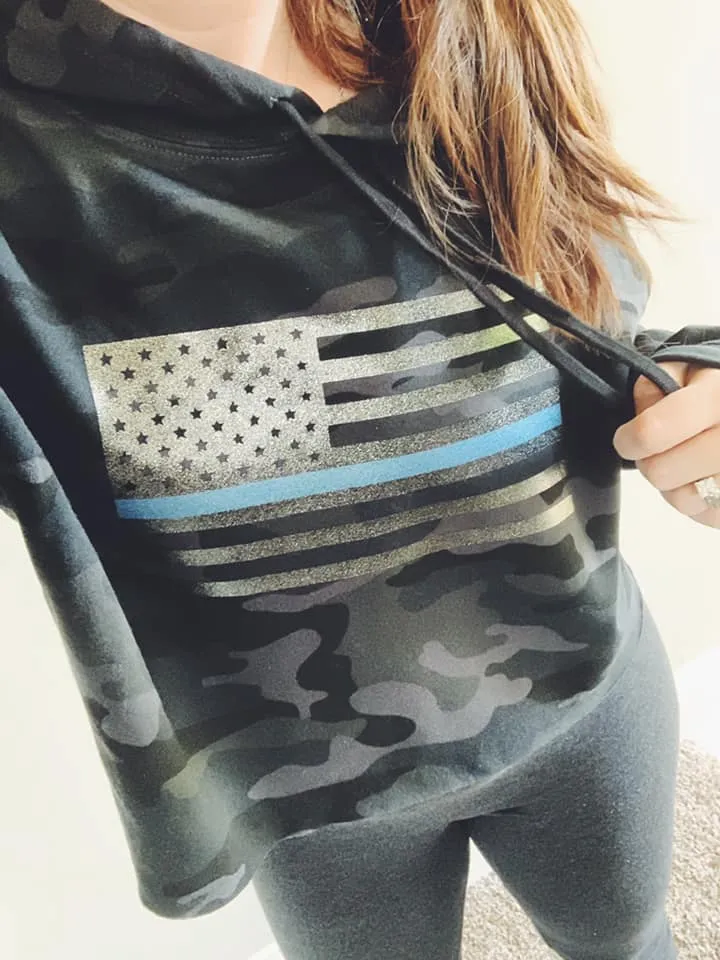 Standard Flag TBL © Ladies Cropped Hooded Sweatshirt (Black Camo   Black Glitter/Blue Shimmer)