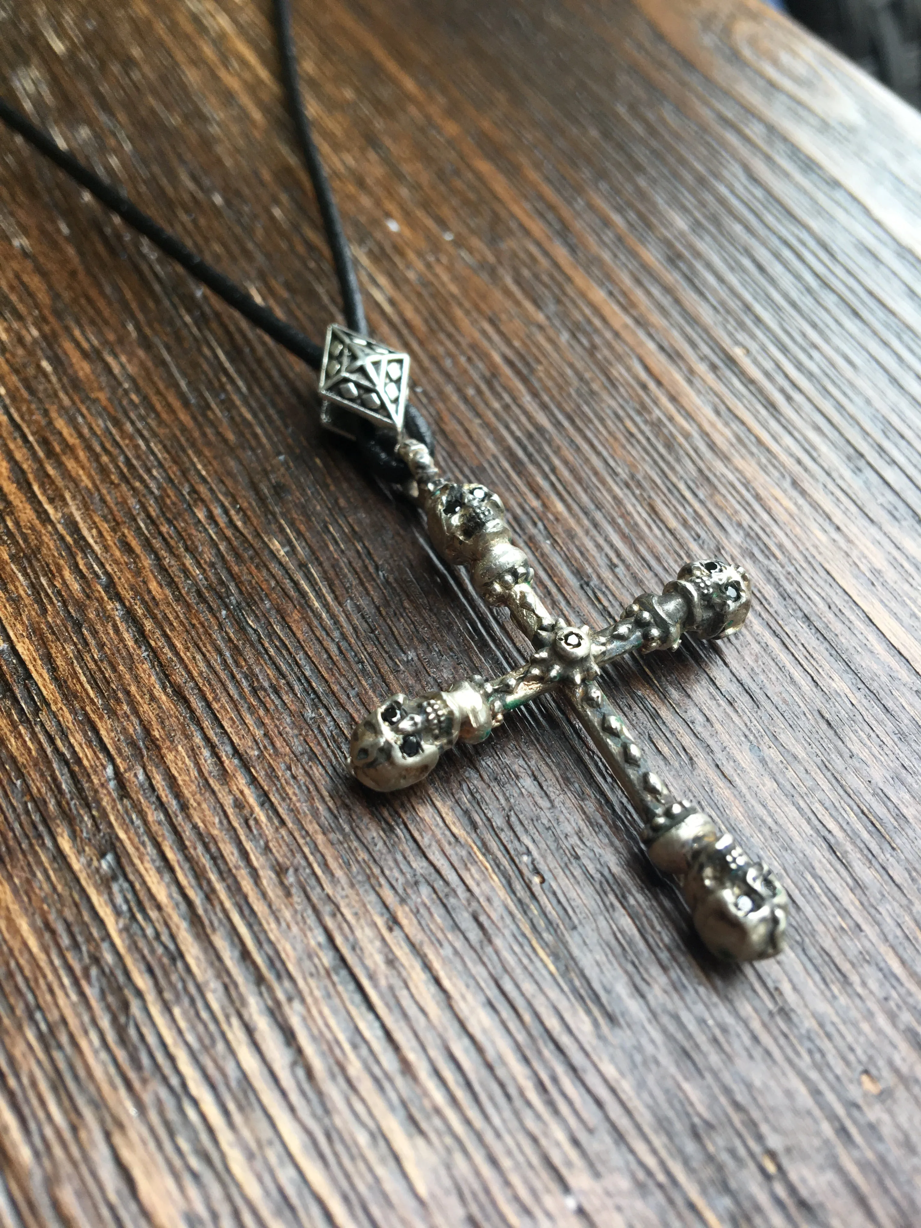 Sterling Skull Cross Necklace on Leather