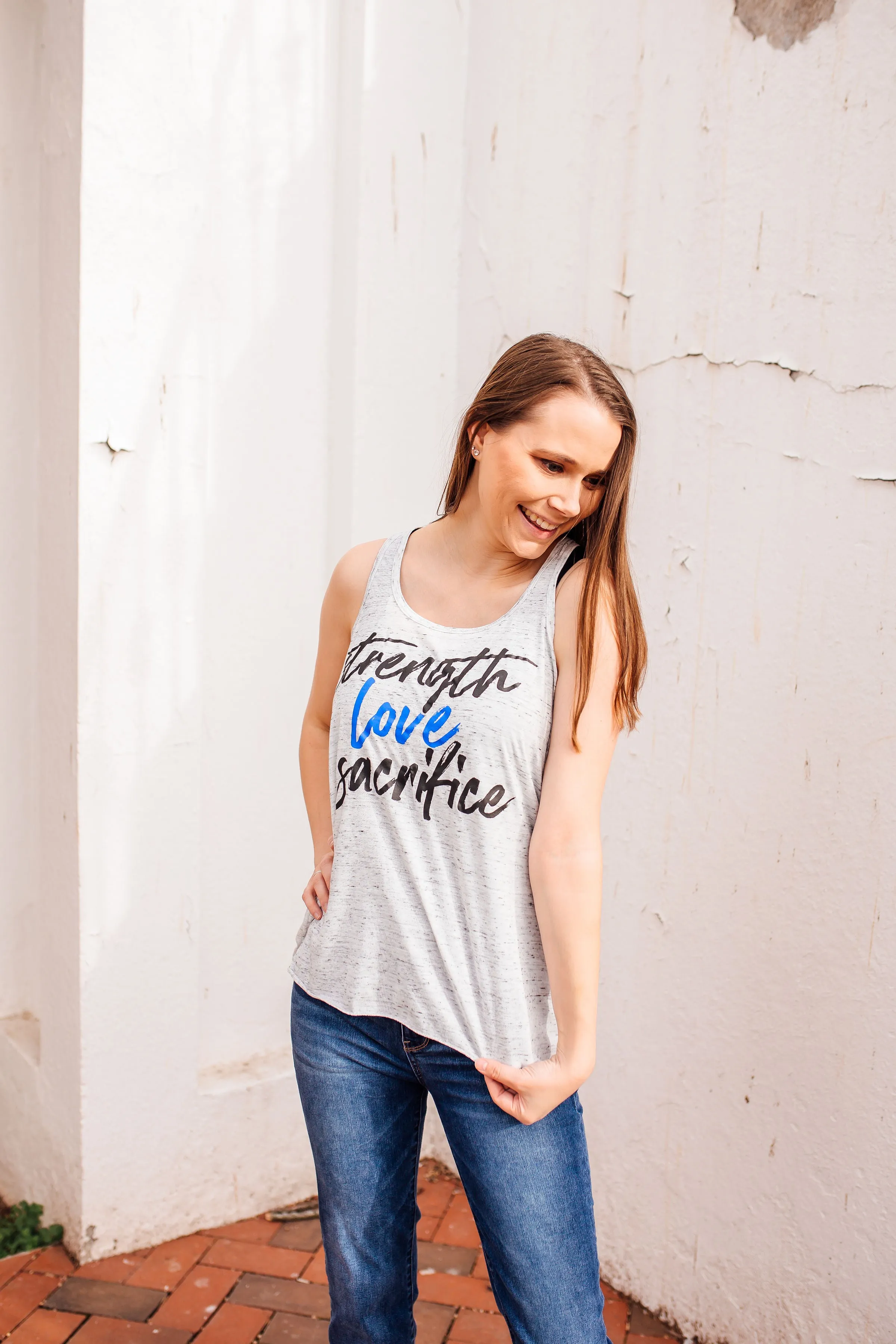 Strength Love Sacrifice © (Thin Blue Line) Flowy Racerback Top