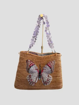 Swarovski Embroidered Butterfly with Amethyst Gemstone Handles Handbag