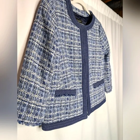 Talbots Chambray Trim Blue White Preppy Tweed Spring Short Jacket 8P