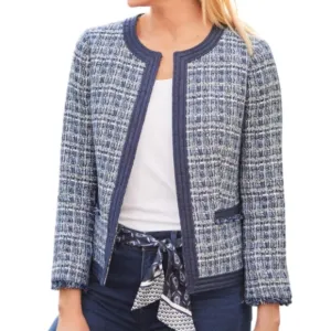 Talbots Chambray Trim Blue White Preppy Tweed Spring Short Jacket 8P