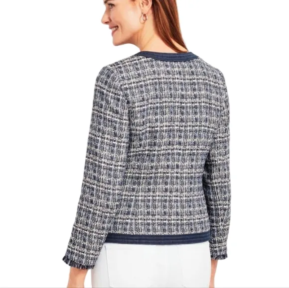 Talbots Chambray Trim Blue White Preppy Tweed Spring Short Jacket 8P