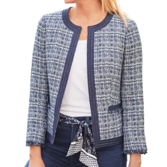 Talbots Chambray Trim Blue White Preppy Tweed Spring Short Jacket 8P