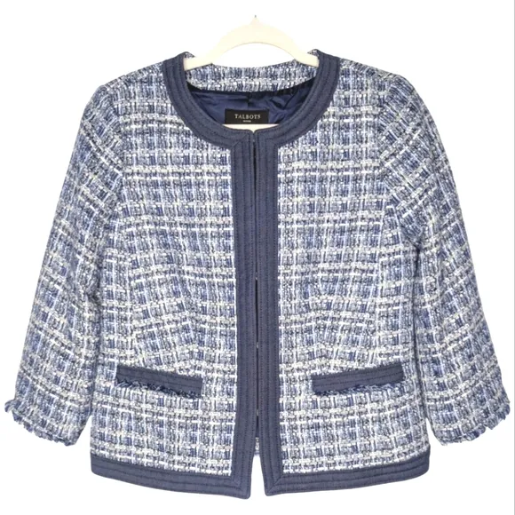 Talbots Chambray Trim Blue White Preppy Tweed Spring Short Jacket 8P