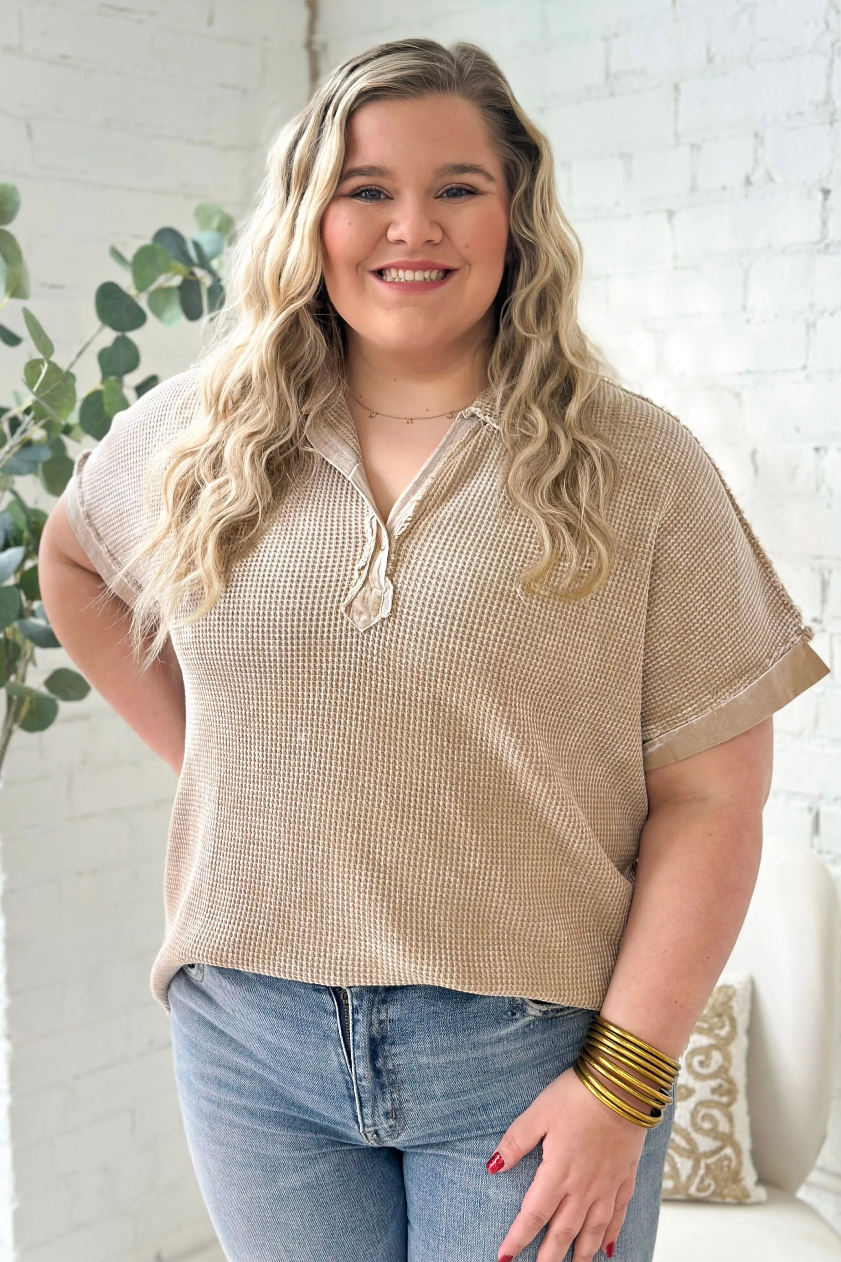 Taupe Thermal Washed Short Sleeve Top