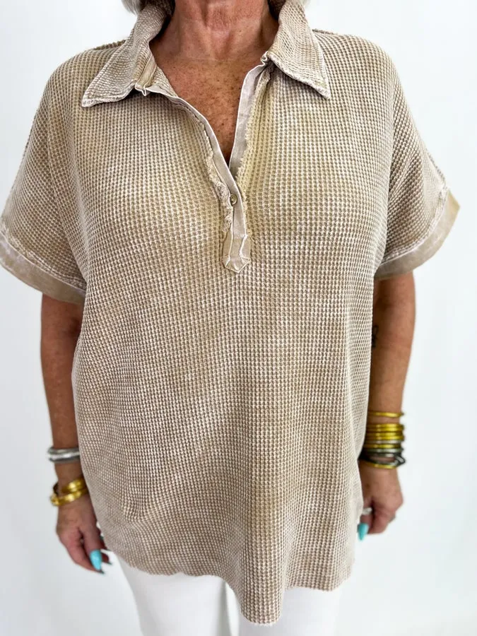 Taupe Thermal Washed Short Sleeve Top