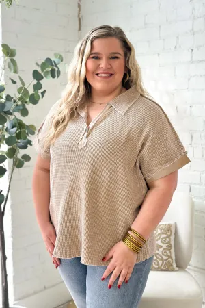 Taupe Thermal Washed Short Sleeve Top