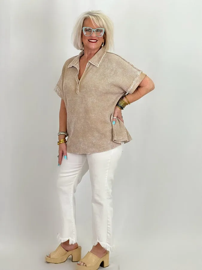 Taupe Thermal Washed Short Sleeve Top
