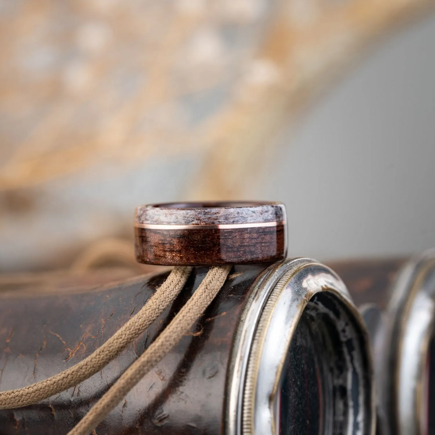 The High Country | Men's Antique Walnut Wood Wedding Band with Elk Antler & Offset Metal Inlay