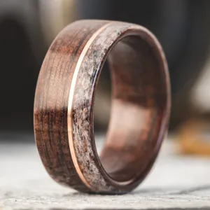 The High Country | Men's Antique Walnut Wood Wedding Band with Elk Antler & Offset Metal Inlay