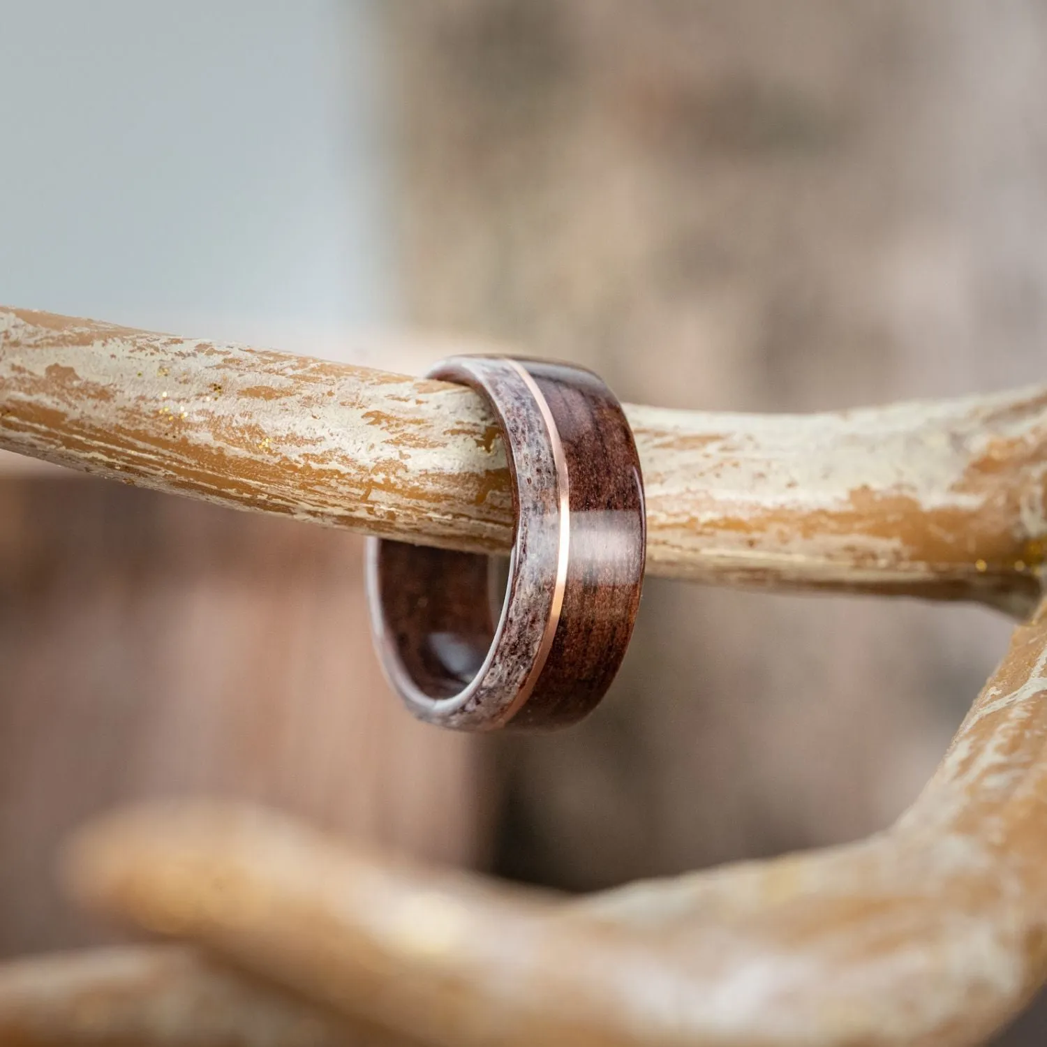 The High Country | Men's Antique Walnut Wood Wedding Band with Elk Antler & Offset Metal Inlay