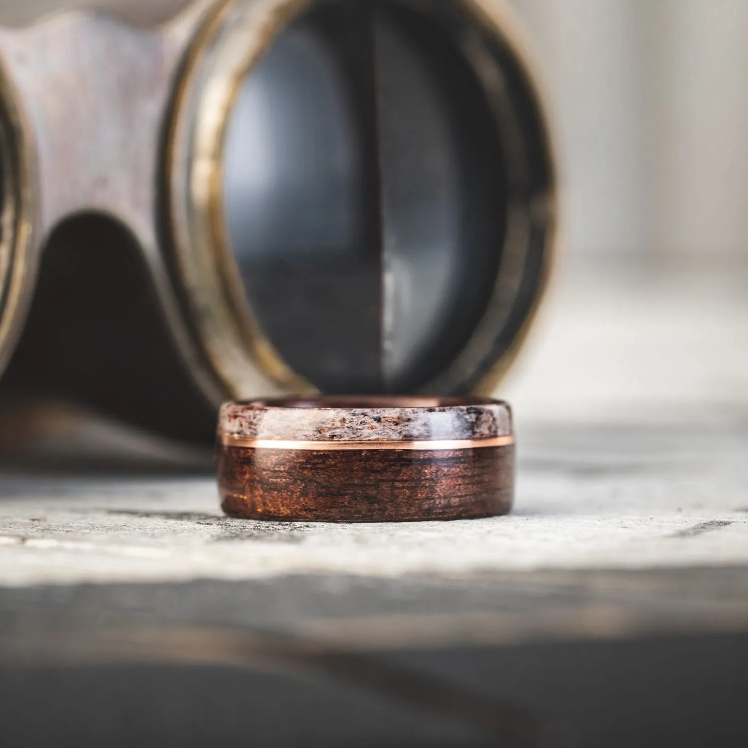 The High Country | Men's Antique Walnut Wood Wedding Band with Elk Antler & Offset Metal Inlay