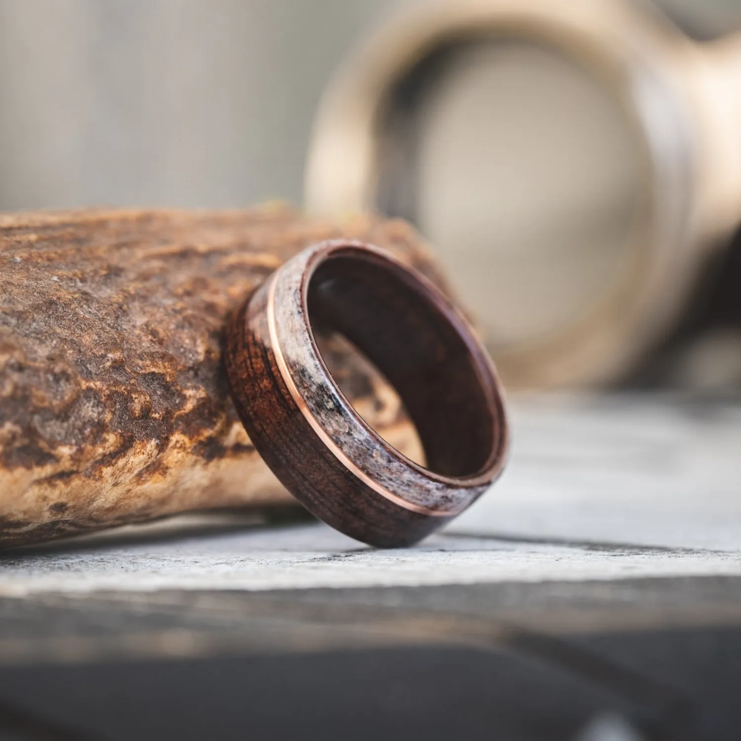 The High Country | Men's Antique Walnut Wood Wedding Band with Elk Antler & Offset Metal Inlay