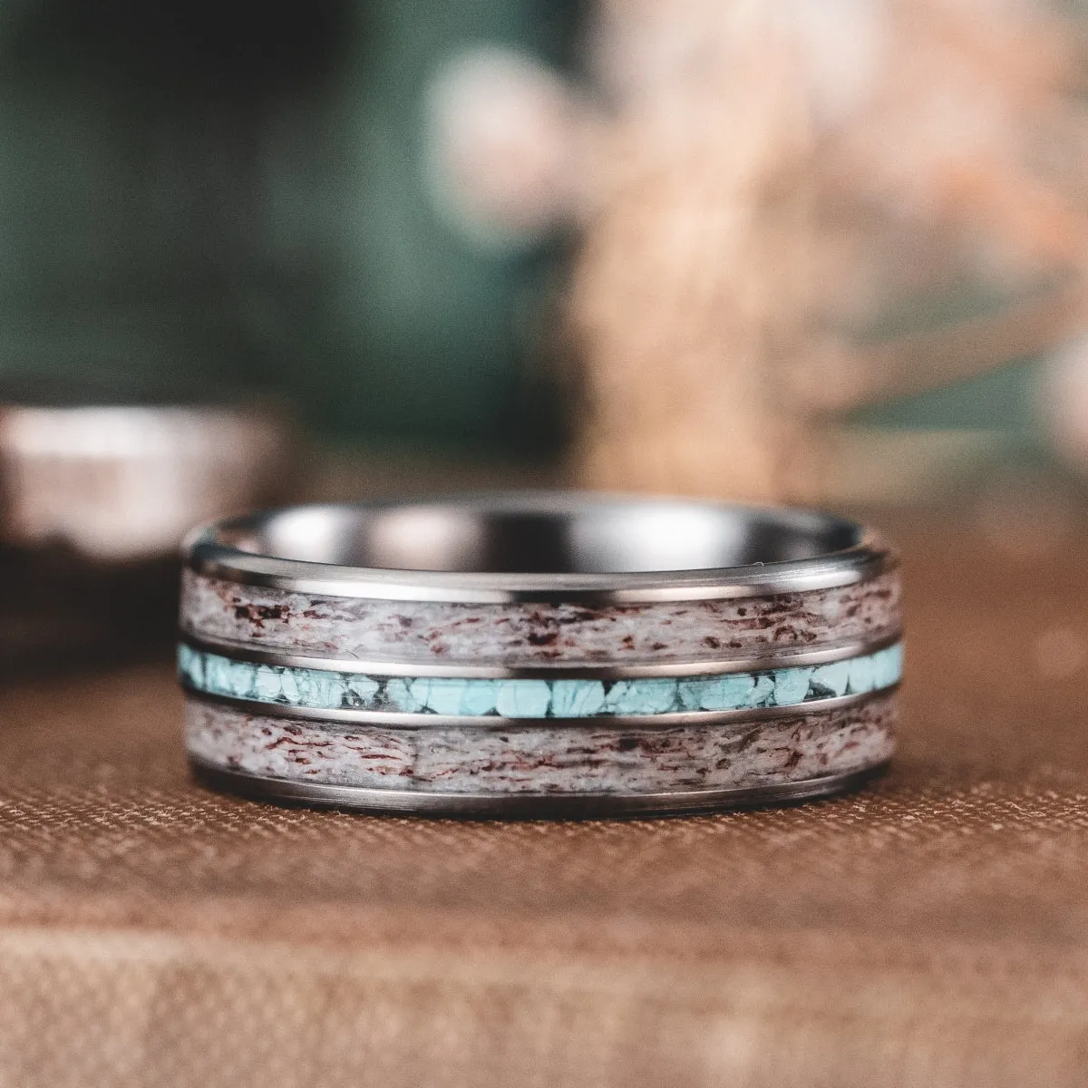 The Huntsman | Men's Titanium Wedding Band with Elk Antler & Turquoise