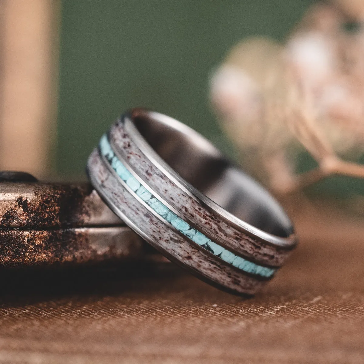 The Huntsman | Men's Titanium Wedding Band with Elk Antler & Turquoise