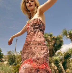 The Jetset Diaries Brown Gold Don’t Stop Me Now Halter Neck Chiffon Maxi Dress