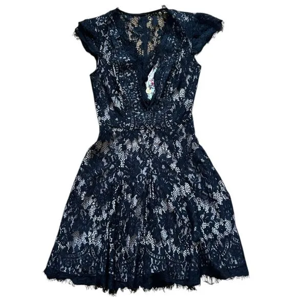 The Jetset Diaries X Free People Fantasia Skater Dress Black Nude Lace XS