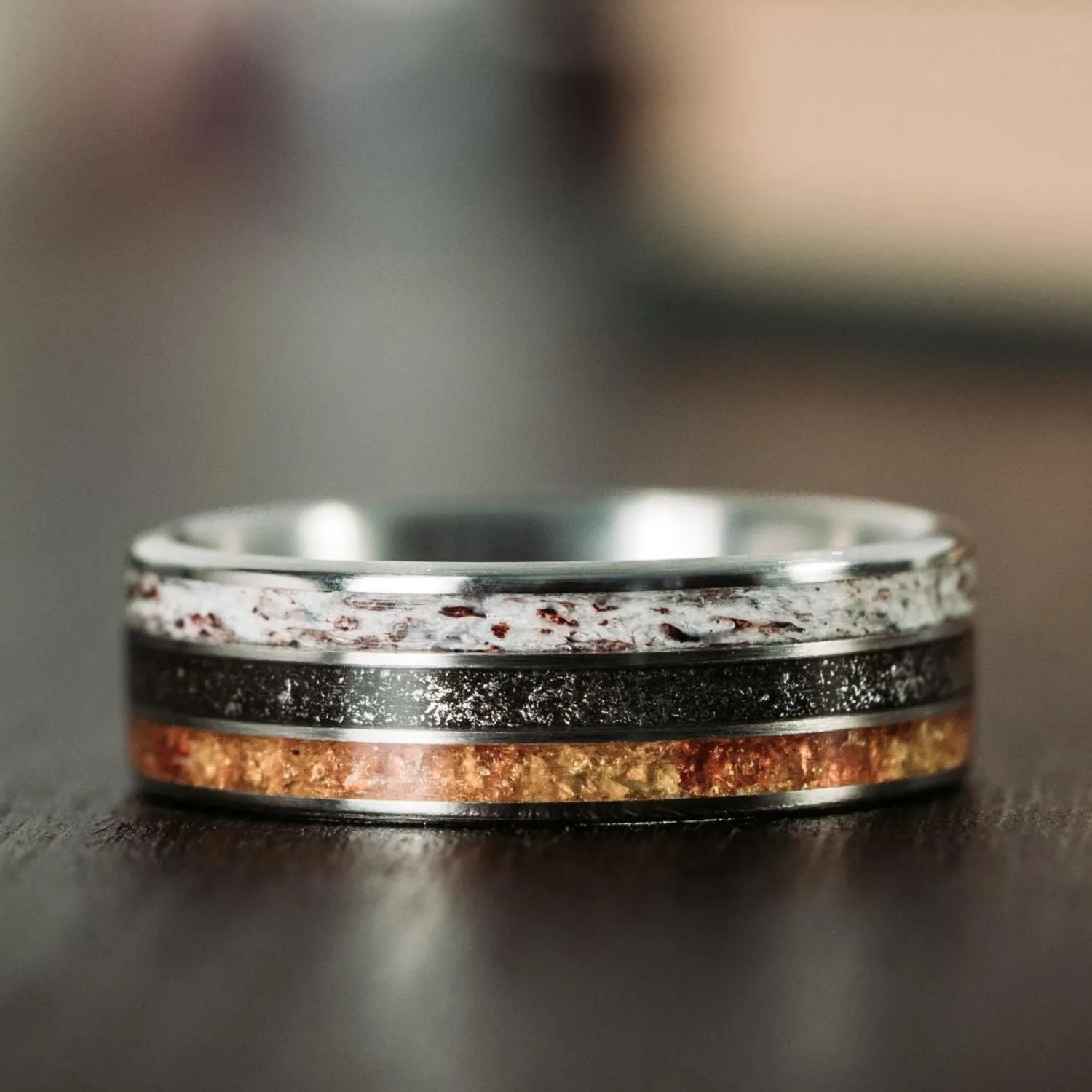 The Last Frontier | Men's Titanium Wedding Band with Elk Antler, Meteorite Dust, & Fossilized Amber
