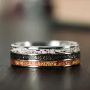 The Last Frontier | Men's Titanium Wedding Band with Elk Antler, Meteorite Dust, & Fossilized Amber