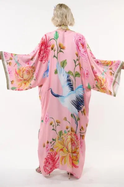 The Legend Of The Crane Maxi Kimono - Rose Crane - One Size
