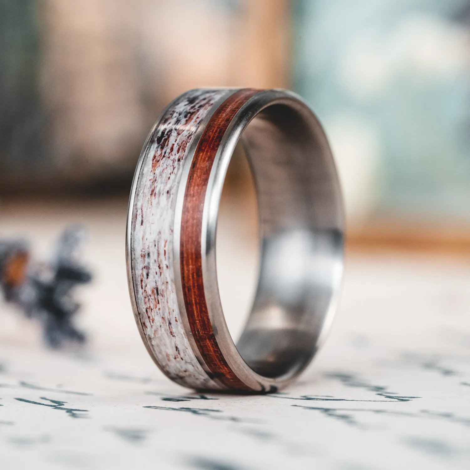 The Mid-Century Cowboy | Men's Titanium Wedding Band with Elk Antler & Teak Wood