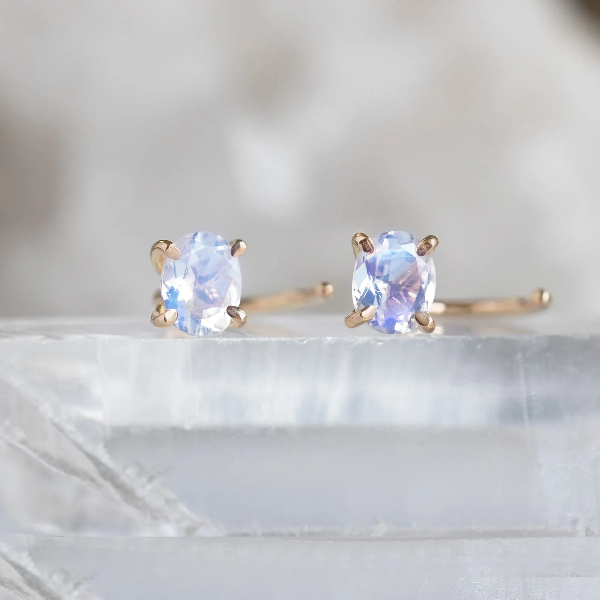 The Rainbow Moonstone Huggie Stud Earrings | 14K Yellow Gold