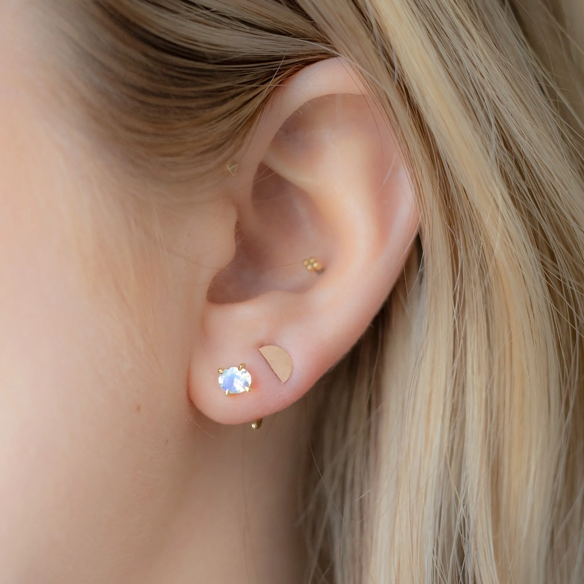 The Rainbow Moonstone Huggie Stud Earrings | 14K Yellow Gold