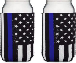 Thin Blue Line Collapsible Beer Can and Bottle Beverage Cooler Sleeves - 2 Pack - Standard Size 12 oz - 3mm Thick Insulated Neoprene