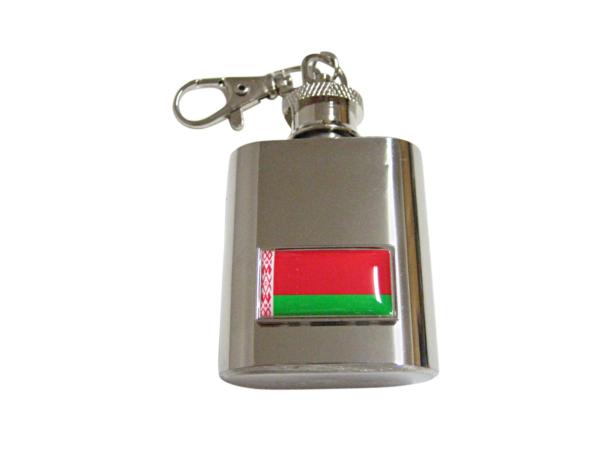 Thin Bordered Belarus Flag Pendant 1 Oz. Stainless Steel Key Chain Flask