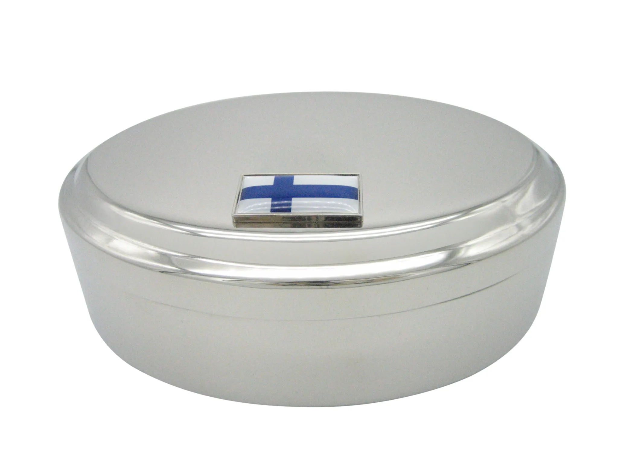 Thin Bordered Finland Flag Pendant Oval Trinket Jewelry Box