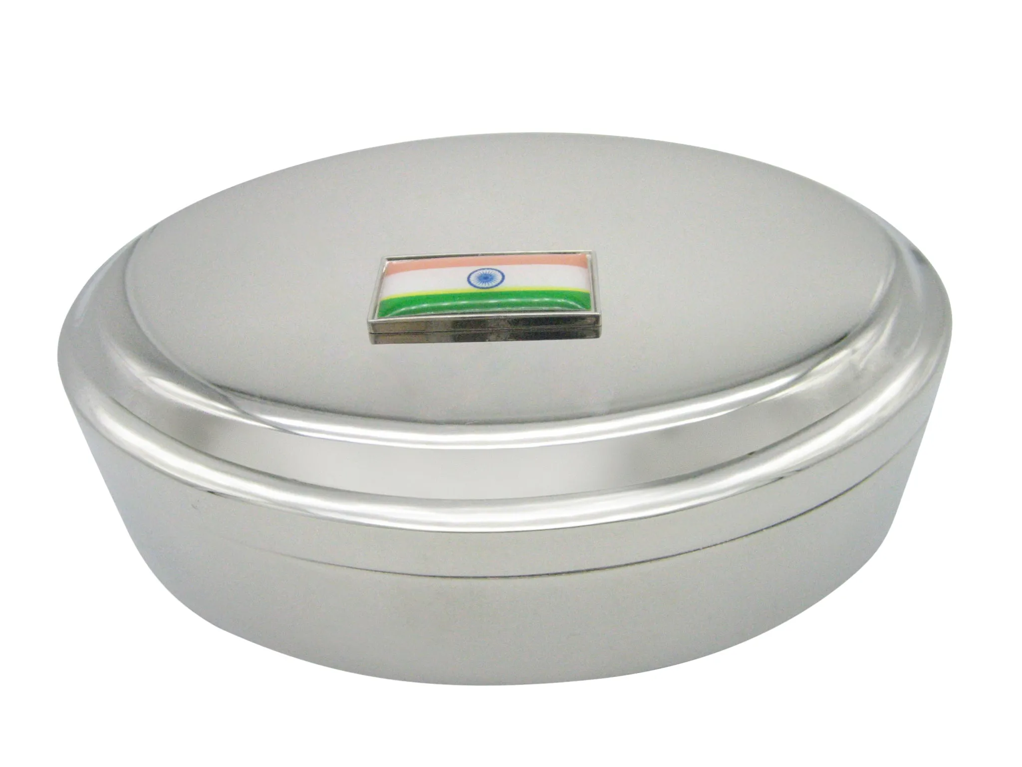 Thin Bordered India Flag Pendant Oval Trinket Jewelry Box