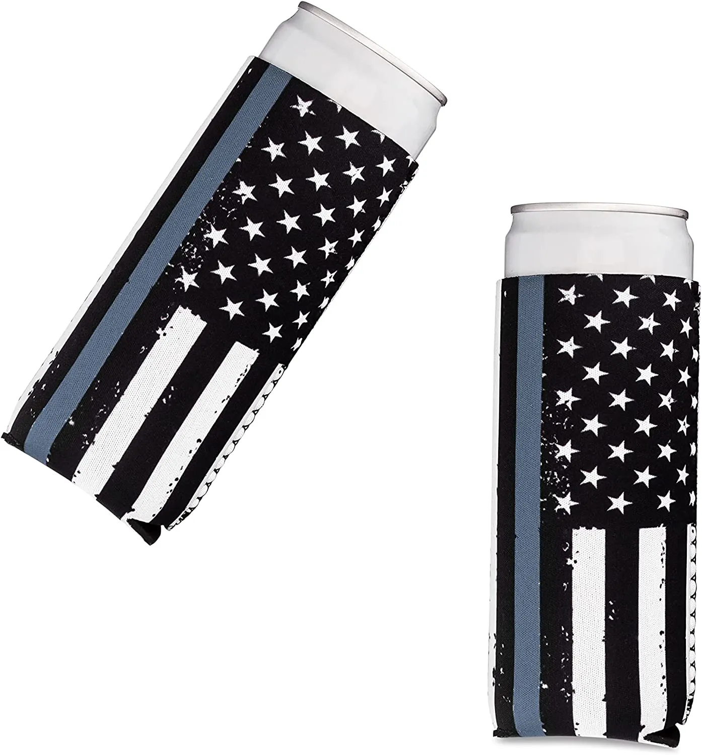 Thin Grey-Gray-Silver Line Collapsible Beer and Seltzer Can Beverage Cooler Sleeves - 2 Pack - Tall Slim Size 12 oz - 3mm Thick Insulated Neoprene